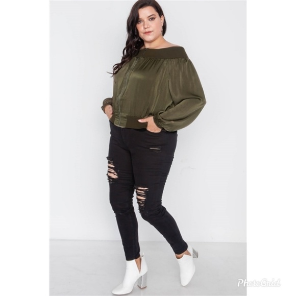 New Off-Shoulder Olive Zippered Pocketed Jacket - Picture 2 of 4